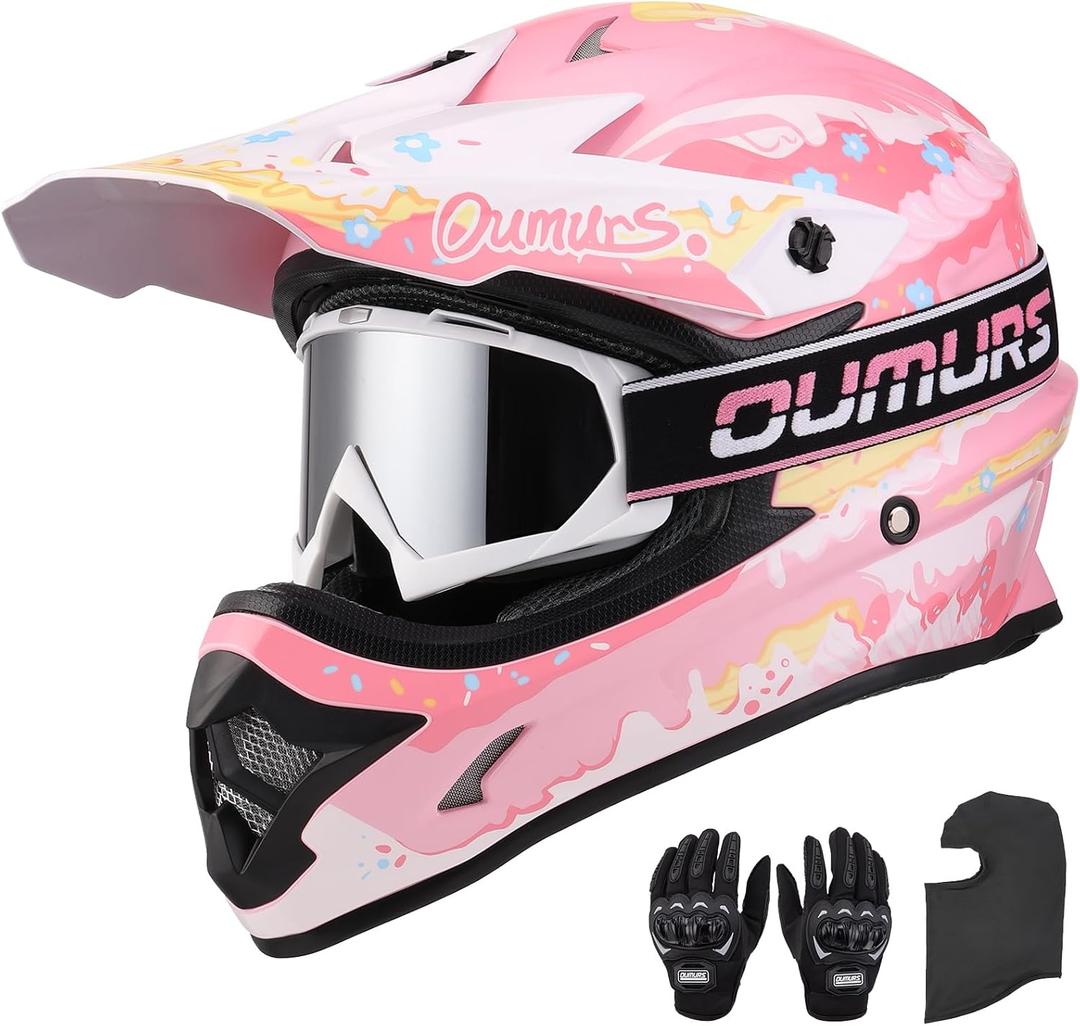 OUMURS DOT Adult ATV Dirt Bike Helmet with Goggles Gloves & Mask Adjustable Sun Visor Motorcycle Adults Helmet Off-Road Motocross Downhill Moped MX for Unisex-Adult-Pink Cake, M