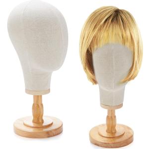RattanView 2 Pcs Wig Stand with Head 23 Inch Linen Mannequin Head with Wooden Stand Canvas Mannequin for Hats Wigs Caps Headdress Home Store Hair Salon(Beige)