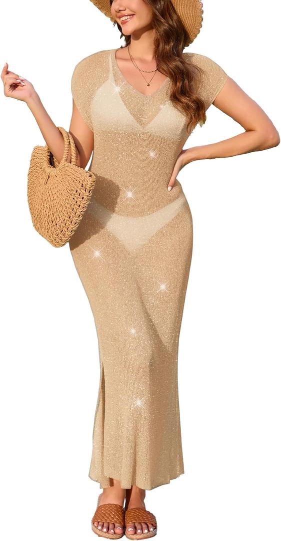 MAKABO Women's Summer Kaftan Swimsuit Hawaii Sheer Cover Up V Neck Caftan Beach Vacation Knit Bodycon Dress (Gold)