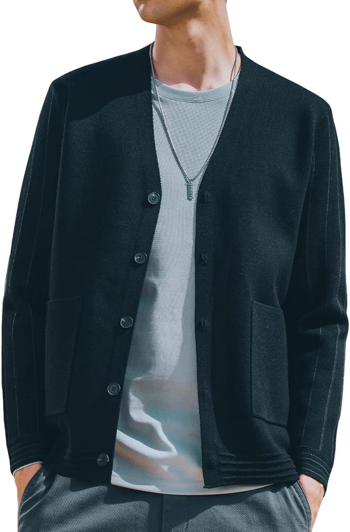 New Sweater V-Neck Solid Color Cardigan Sweater Men's Lazy Style Jacket Clip (Black, L)