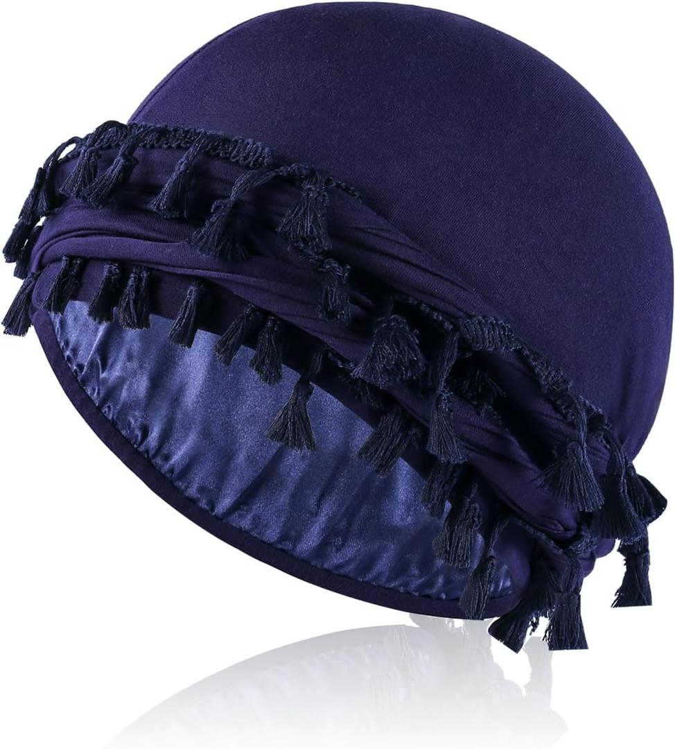 Satin Lined Turban with Long Twist Straps Tassels Silky Head Wraps for Men Women Halo Head Scarf Sleeping Bonnet (Blue)