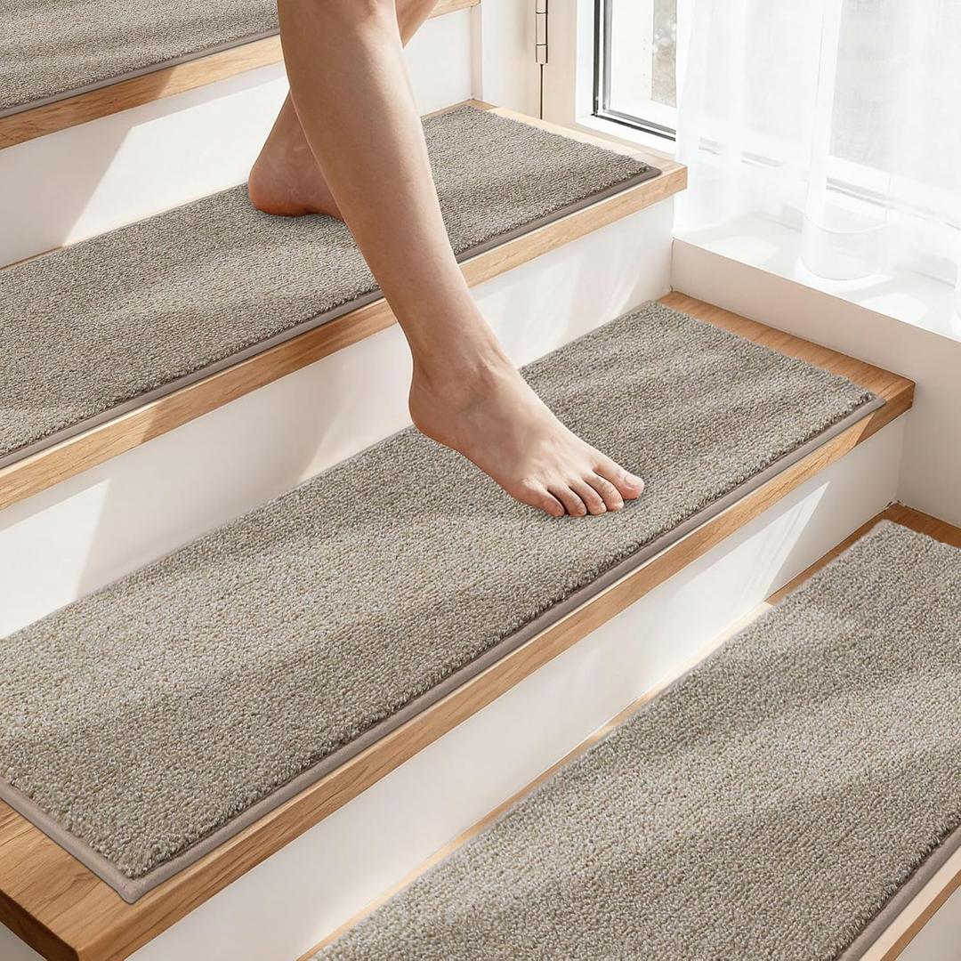 COSY HOMEER Stair Treads Non-Slip Carpet Stair Treads for Wooden Steps, Indoor Stair-Runner Rugs for Kids Elders & Pets 28"x9" (15Pc, Beige)