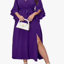 Womens Plus Size Dress Wedding Guest Cocktail Ruffle Half Sleeve Wrap V Neck Slit A Line Maxi Dresses with Belt Size L