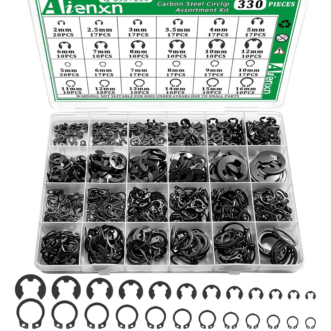 330PCS Snap Rings Assortment Kit, E Clips Assortment Kit (2MM-12MM) and C Clips Assortment Kit (5MM-16MM), 24 Sizes External Retaining Rings Carbon Steel Circlip Snap Ring Kit