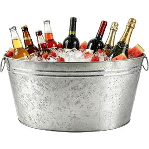OBTANIM 1 Pack Large 6 Gallon Galvanized Ice Buckets Metal Champagne Drink Cooler Ice Beverage Tub with Carry Handles for Beer Wine Bar Home Pool Parties Cooling Supplies (Silvery)
