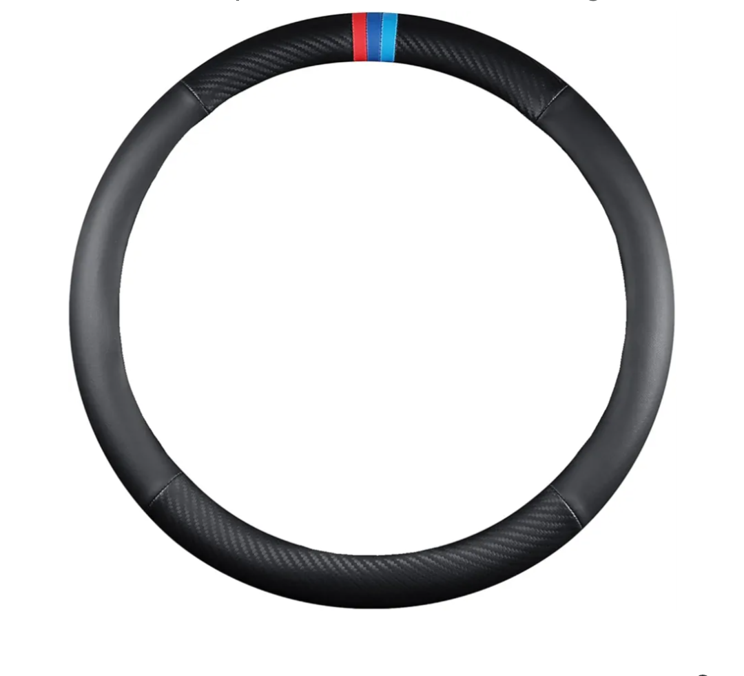 Car Carbon Fiber Steering Wheel Cover Sports Leather Non-Slip Universal 15 Inch Steering Wheel