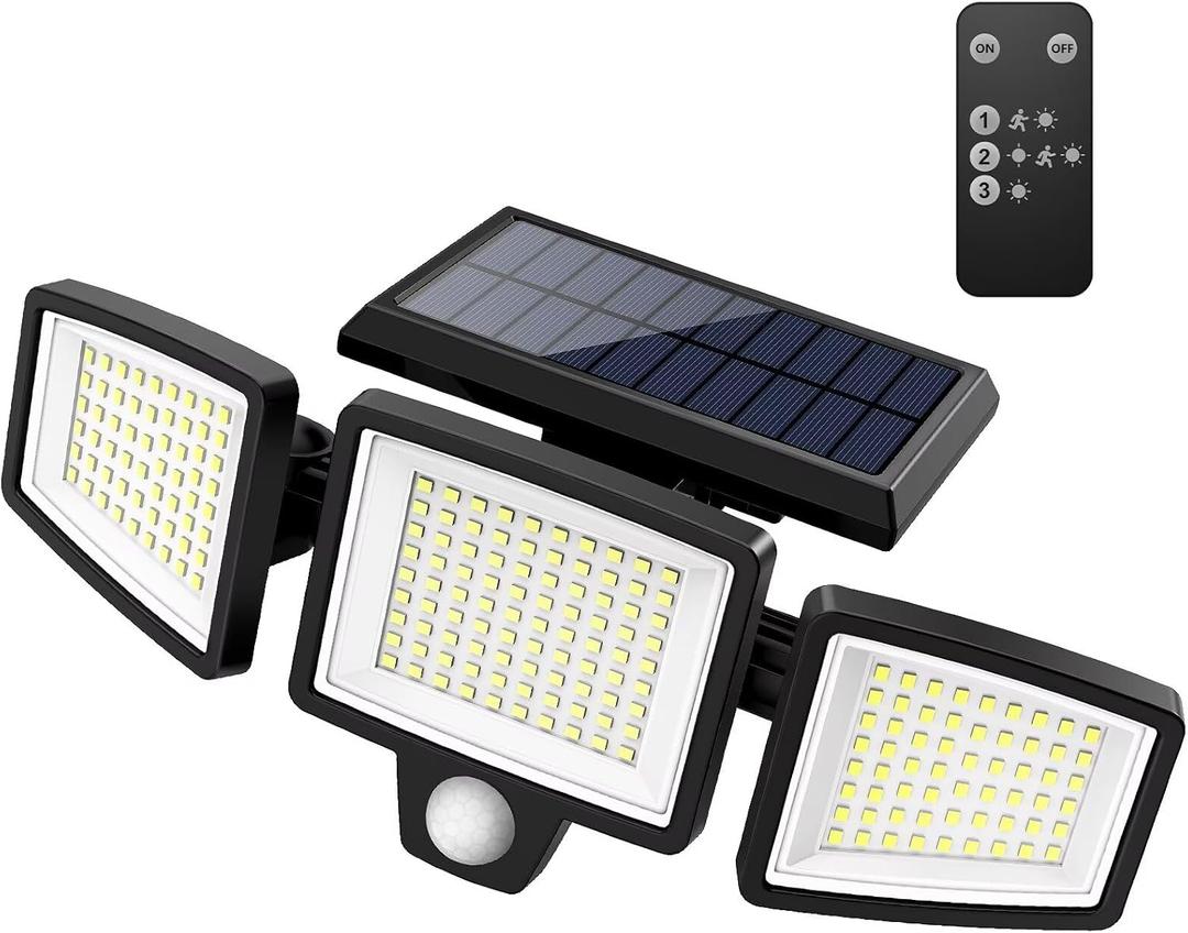 Tuffenough Solar Outdoor Lights 2500LM 210 LED Security Lights with Remote Control,3 Heads Motion Sensor Lights, IP65 Waterproof,270 Wide Angle Flood Wall Lights with 3 Modes (1 Pack)