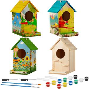 Liliful 4 Pack Birdhouse Kit, DIY Wooden Crafts for Kids and Adults, Bird House with Paint and Brushes Painting Kits for Boys and Girls, Spring Birthday Classroom Gifts for Ages 3-5 4-8 8-12