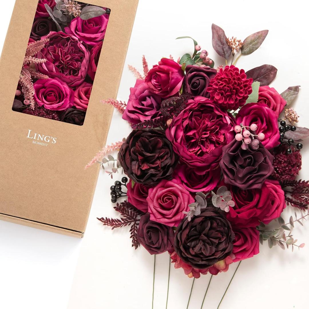 Ling's moment Fake Flowers Box, Faux Artificial Greenery Stems Foam Roses Berry Silk Peony Eucalyptus Fabic Flower for Centerpieces Bouquet Wedding Vase Decorations, Magenta & Hot Pink, Deluxe Combo