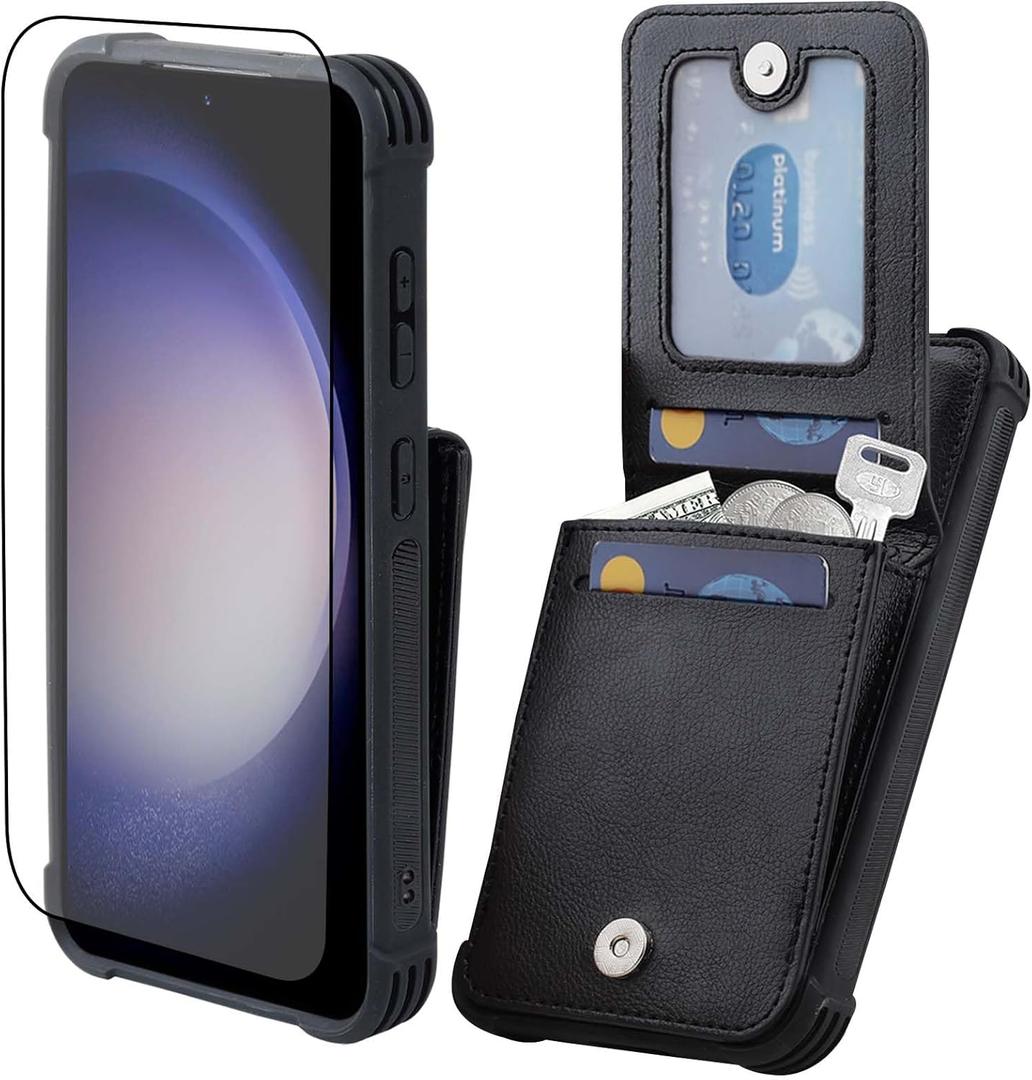 VANAVAGY Compatible for Galaxy S24 Wallet Case with Credit Card Holder, PU Leather Magnetic Clasp Kickstand Flip Phone Case with Coin Pocket Screen Protector for Women Men,Black