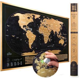 Travelization XL Scratch Off World Map with 196 Country Flags 36" x 24" Frameable World Map with Vibrant Colors and Premium Gold Coating, Beautiful Scratch Map for Travelers, Black