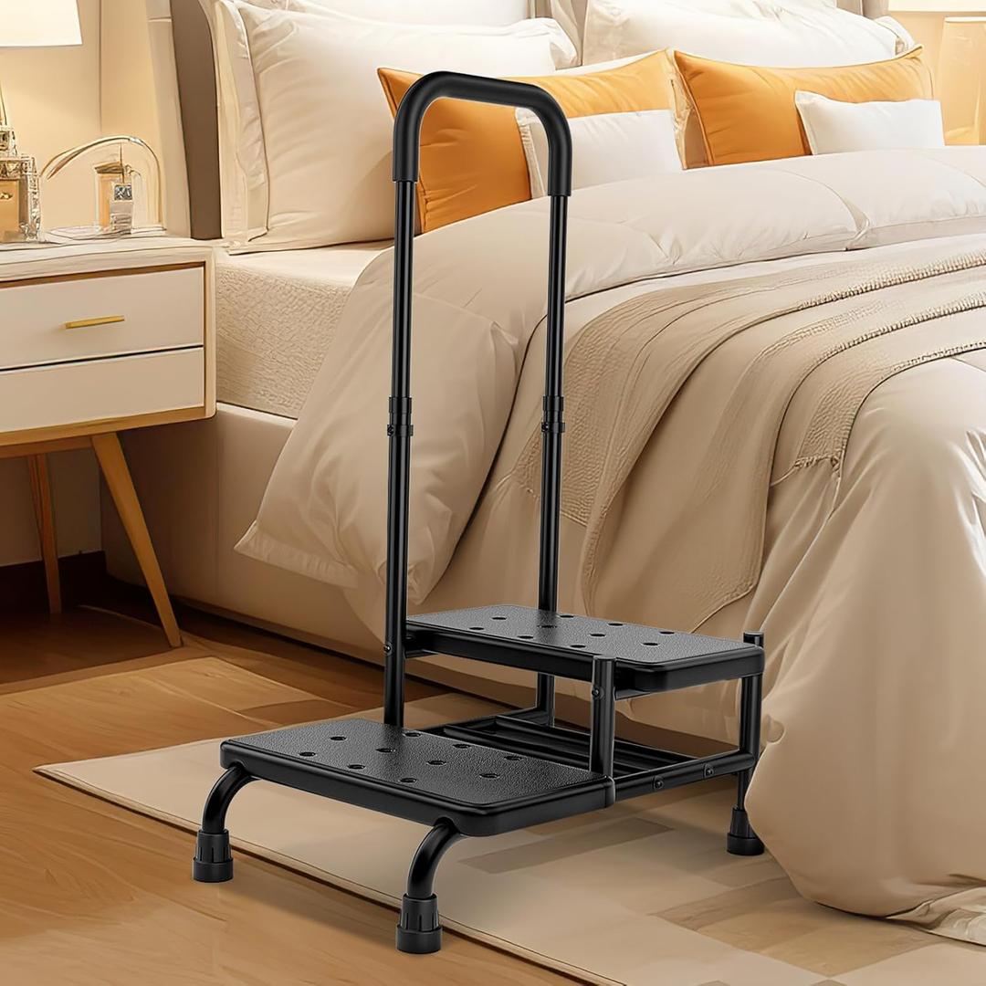 FORTEMOTUS Step Stool with Handle - Heavy Duty 2 Step Stool for Adults Elderly, Holds up to 450 lbs, Black