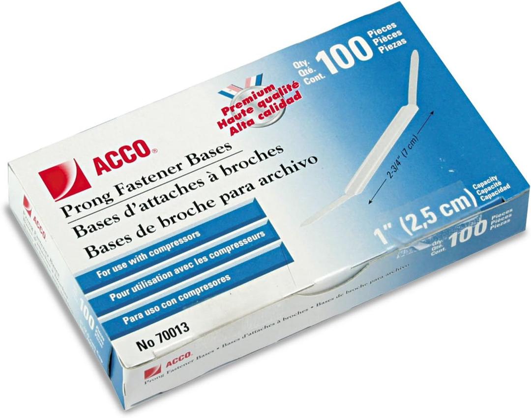 ACCO Premium Prong Bases for Standard 2-Hole Punch, 1-Inch Capacity, 100 Pack (70013)