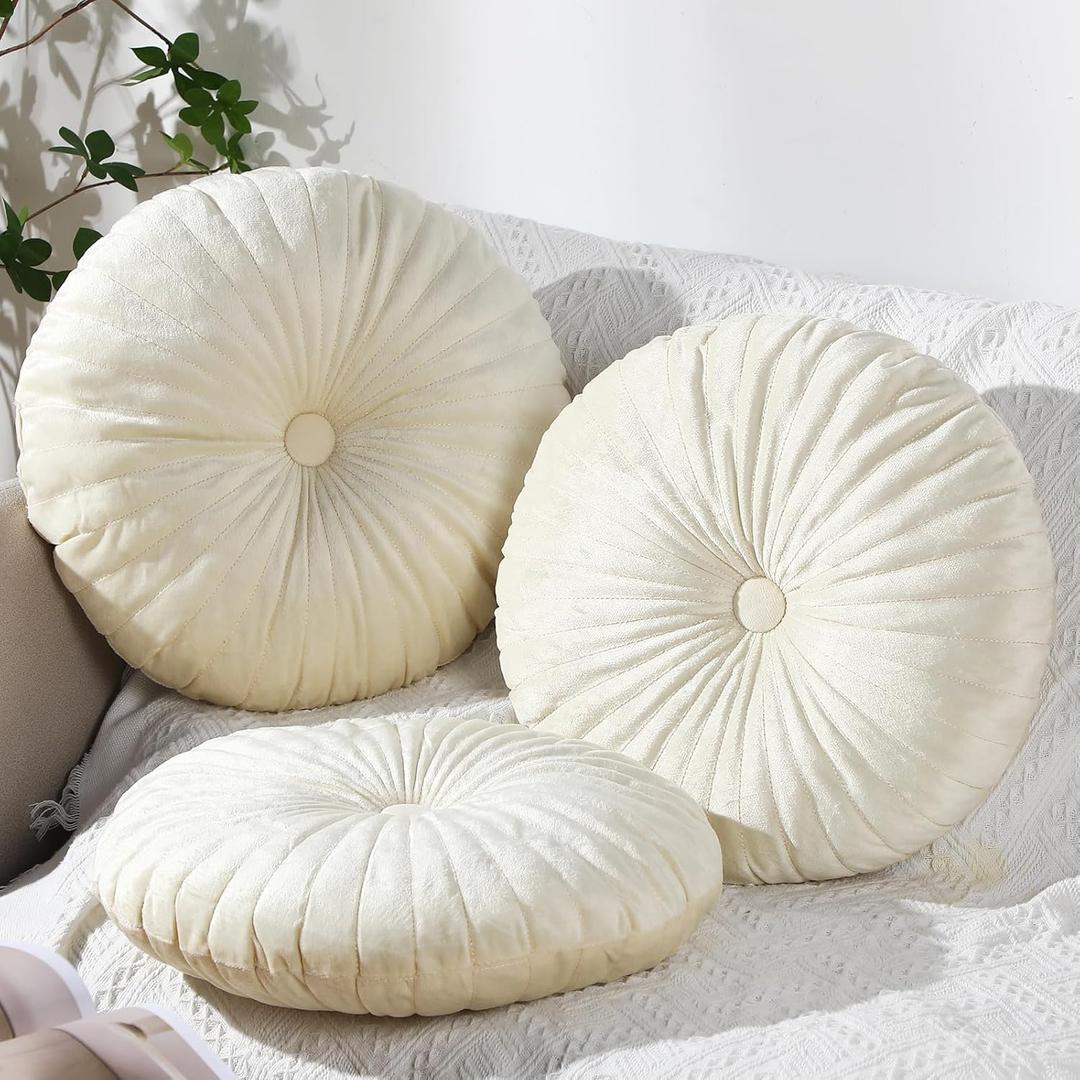 Namalu Round Throw Pillow 13.8 Inch Decorative Round Velvet Floor Pillows Small Pumpkin Throw Cushion for Living Room Sofa Bed(Beige,3 Pcs)