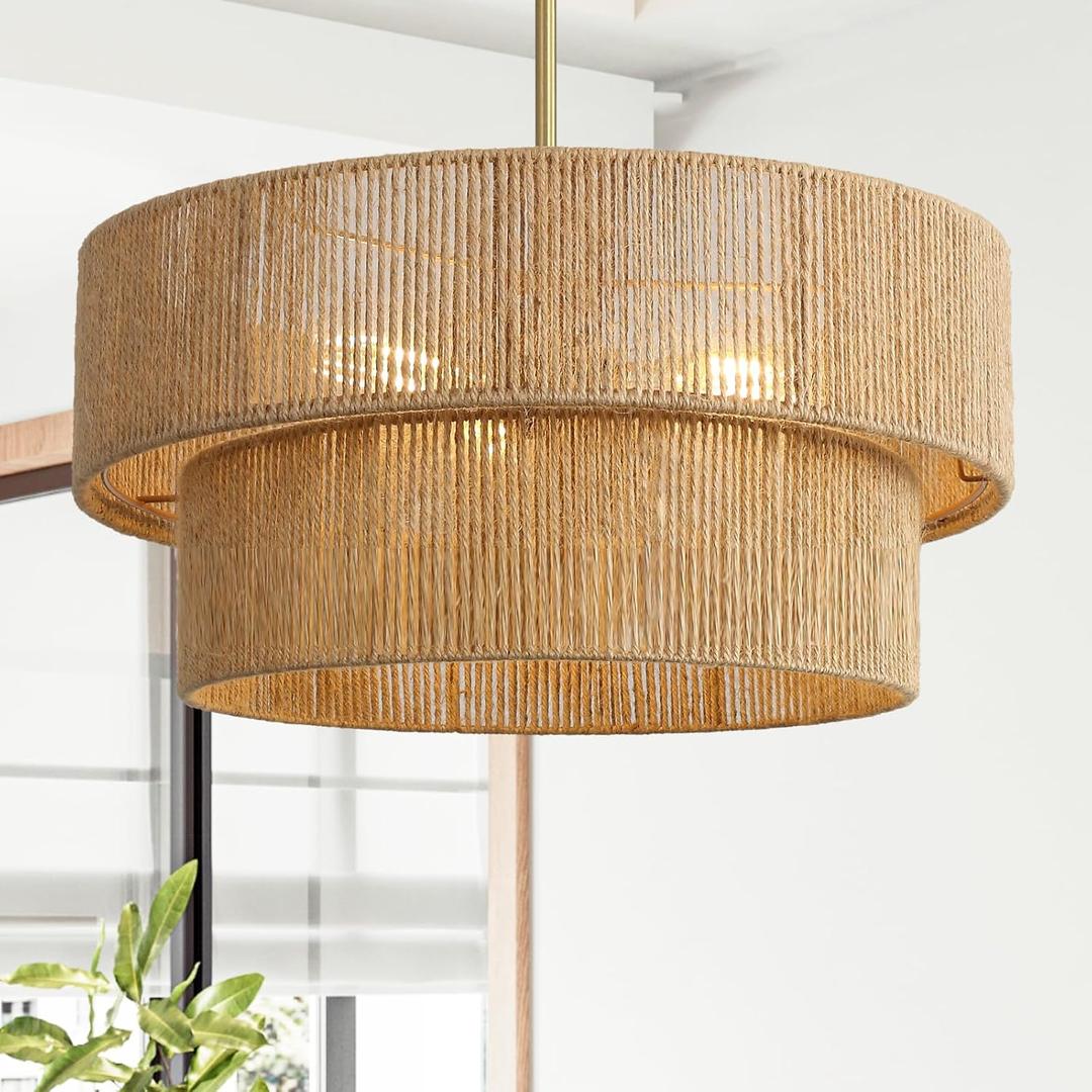 18'' Boho Rattan Chandelier Hand Woven Chandelier Light Fixture 3-Light Farmhouse Drum Pendant Light for Dining Room Bedroom Kitchen Hallway Foyer