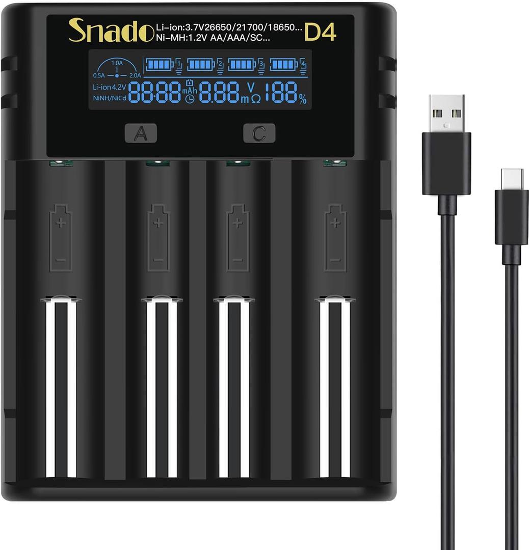 18650 Battery Charger, Snado Universal Smart Charger LCD Display for 3.7v Lithium ion Rechargeable Batteries 18650 21700 18490 17500 16340 14500 RCR123 and 1.2v Ni-MH/Ni-Cd AA AAA C Battery (4 Slots)