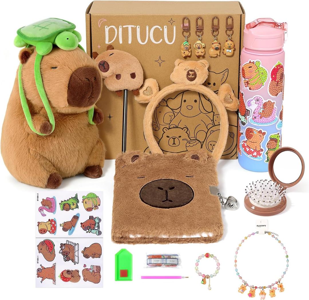 Ditucu Turtle Capybara Plush Gifts for Girls 4 5 6 7 8 9 10 Years Old with Stuffed Animal/Stickers/Water Bottle/Keychains/Diary/Pen/Headband/Comb/Necklace/Bracelet Plushies Toys Set