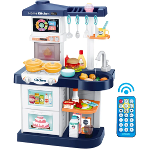 Kids Play Kitchen Playset, Toddler Toy Kitchen with Remote Control Lights and Music,Pretend Steam and Play Sink, Blue Kitchen Accessories Set for Kid, Birthday for Boy Girl