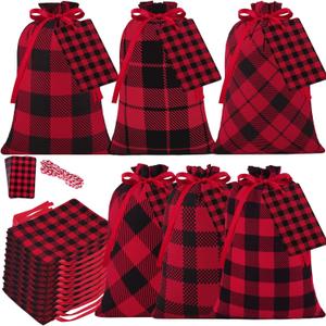 Aneco 16 Pieces Mini Christmas Buffalo Plaid Drawstring Bag 7.8 by 5.9 Inches Cotton Xmas Bag Candy Sack Stocking Storage with 20 Pieces Tags