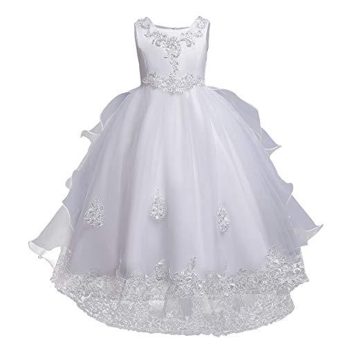 Flower Girls Beaded Applique Embroidered Ruffles Lace Junior Bridesmaid Dress Floor Length Wedding Pageant Party Formal Princess First Communion Boho Retro Tulle Evening Dance Ball Gown 03#White 6-7 (140)