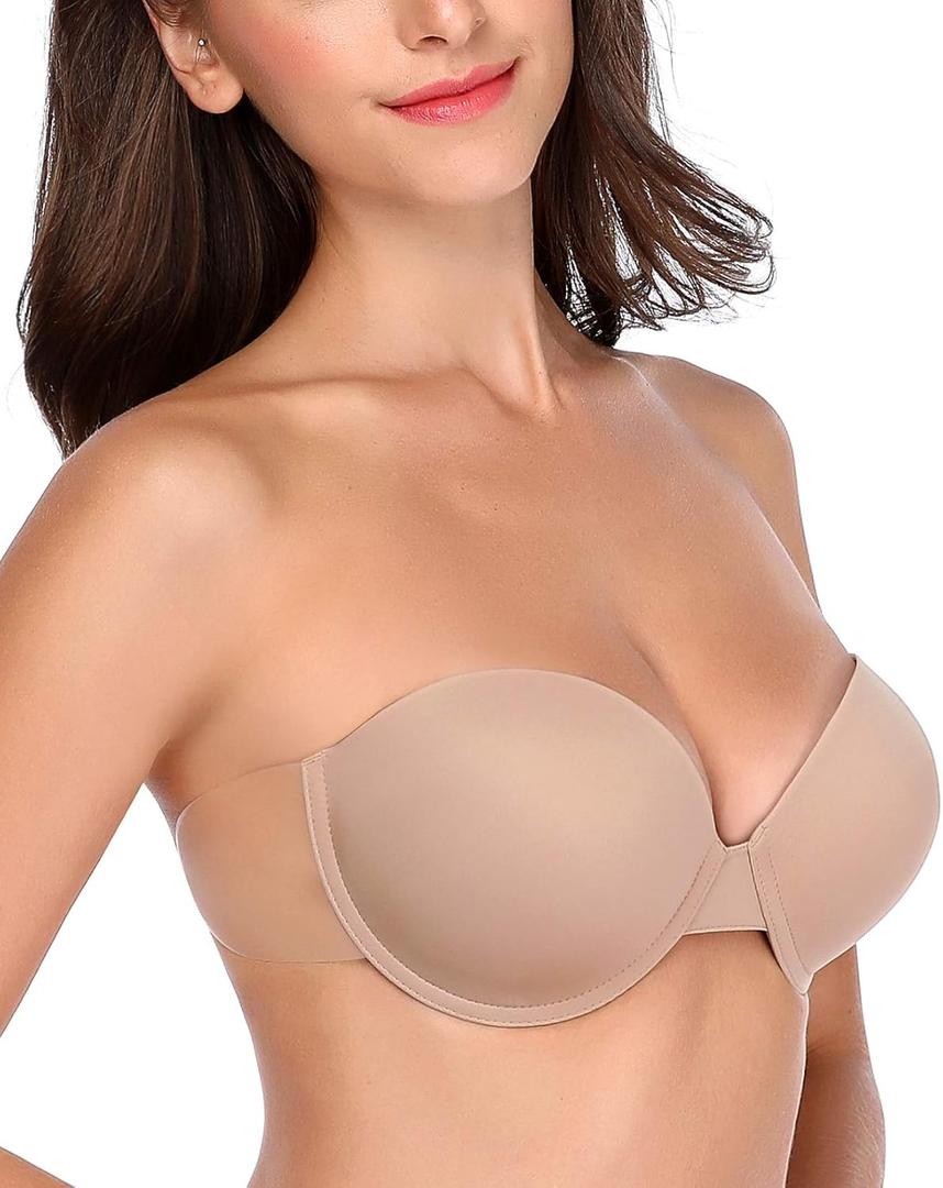 Backless Strapless Push Up Bra for Women Thick Padded Sticky Underwired Bras Self Adhesive (Nude), D