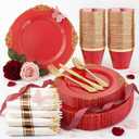 Nervure 175PCS Red Plastic Plates - Disposable Red Gold Party Plates & Pre Rolled Napkins with Cutlery for 25 Guests, 50Plates, 75Silverware, 25Cups, 25Napkin for Wedding & Party & Mothers Day