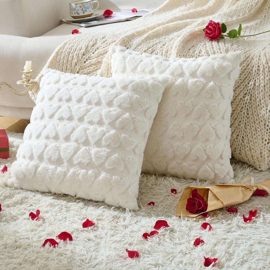 Volcanics Valentines Pillow Covers 18x18 Set of 2, Cream White Heart Plush Faux Fur Jacquard Throw Pillow Covers, Decorative Pillowcases for Bedroom Sofa Home Decor