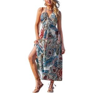 CUPSHE Women's Backless Beach Dress Halter Neck Ruffle Plunge V Neck Sleeveless Maxi Sundress Summer Dresses (L)