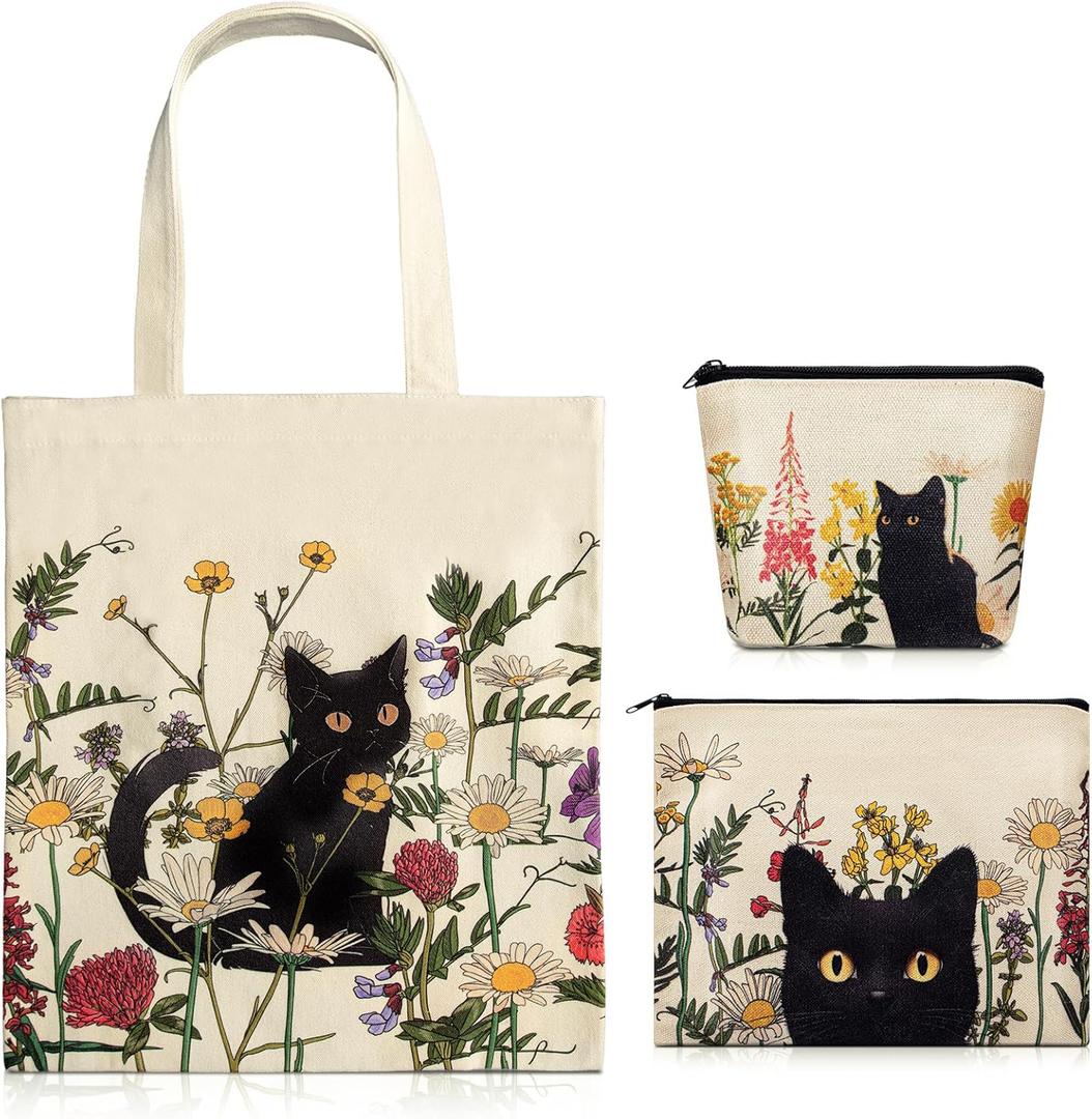 Shinylin 3 Pcs Black Cat Canvas Tote Bag Makeup Coin Purse Set with Zipper Reusable Grocery Shopping Flowers Cute Cosmetic Bag Aesthetic Portable Pouch Birthday Gift for Mom Women Cat Lovers Teacher
