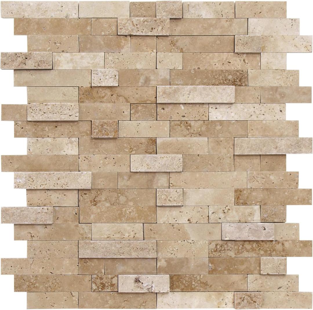 SUNWINGS Peel and Stick Mosaic Natural 3D Stone Self Adhesive Tiles, 12" x 11" 5-Sheet Stick on Backsplash for Kitchen Bathroom Fireplace Vanity, Beige