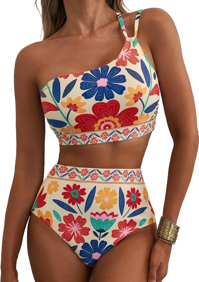 Herseas Women's High Waisted Bikini Sets One Shoulder Floral Print Swimsuits 2 piece Tummy Control Bathing Suits (S)