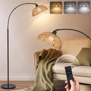 Rattan Floor Lamp- Modern Black Standing Floor Lamps with Remote Control and Stepless Dimmable Bulb, Hand-Worked Adjustable Rattan Lamp Shades Bohemian Floor Lamps for Living Room, Bedroom, Office