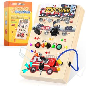 Busy Board for Toddlers 1-3 Montessori Toys - 2 in 1 Wooden Sensory Toys with LED Light Switches & Screwdriver Board - Fire Truck Toddler Learning Toy for 2 3 4 Year Old Boy Girl Car Plane Travel