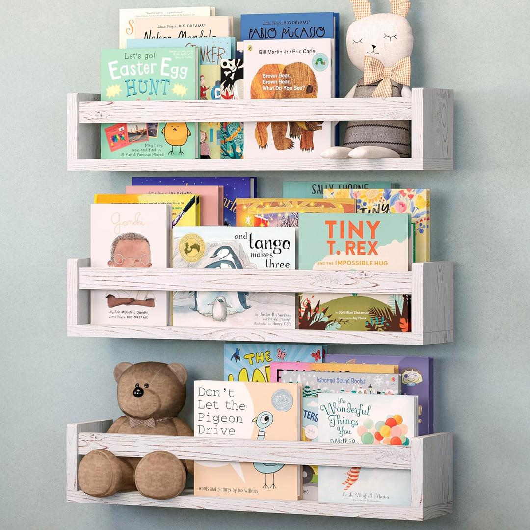 NATURE SUPPLIES Set of 3, 23.1" Whitewashed Floating Shelves for Wall, Kids Bookshelf for Bedroom, Nursery Storage, Decorative Wall Shelves for Kids Rooms, Modern Nursery Dcor, Space-Saving Design