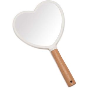 YEAKE Hand Held Mirror with Handle for Makeup,Small Cute Wood Hand Mirror for Shaving with Hole Hanging Single-Sided Portable Travel Vanity Mirror for Men&Women(Heart) (9"L x 5.5"W)