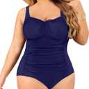 Daci Plus Size One Piece Swimsuit for Women Tummy Control Vintage Bathing Suits Ruched Swimwear (Navy Blue)