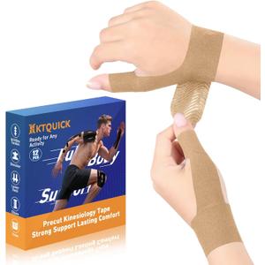 Precut Kinesiology Tape for Thumb Right, KTQUICK 12PCS Waterproof & Hypoallergenic Latex-Free Athletic Tape for Thumb Support, Wrist & Thumb Brace, Elastic Breathable Long-Lasting Thumb Tape (Beige)