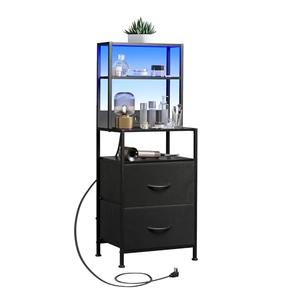 WLIVE Nightstand with Charging Station, LED Night Stand with 2 Drawers and 4 Storage Open Shelves, Fabric Dresser for Bedroom, Black