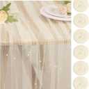 Pearl Table Runner 29 x 120 Inch Beige Tulle Fabric Lace Table Runners Boho Rustic Table Runners for Bridal Shower Birthday Party Wedding Arch Aisle Veil Dessert Table Decor(Beige)