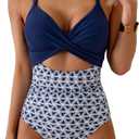 Eomenie Women's One Piece Swimsuits Tummy Control Cutout High Waisted Bathing Suit Wrap Tie Back 1 Piece Swimsuit (Large, Navy Blue Print)