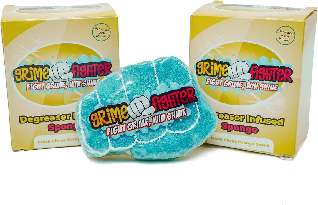 Degreaser Dish Soap Infused Cleaning Sponge, Activates with Water, 4 Pack, Non Scratch, Ergonomic, Fresh Citrus Orange Scent