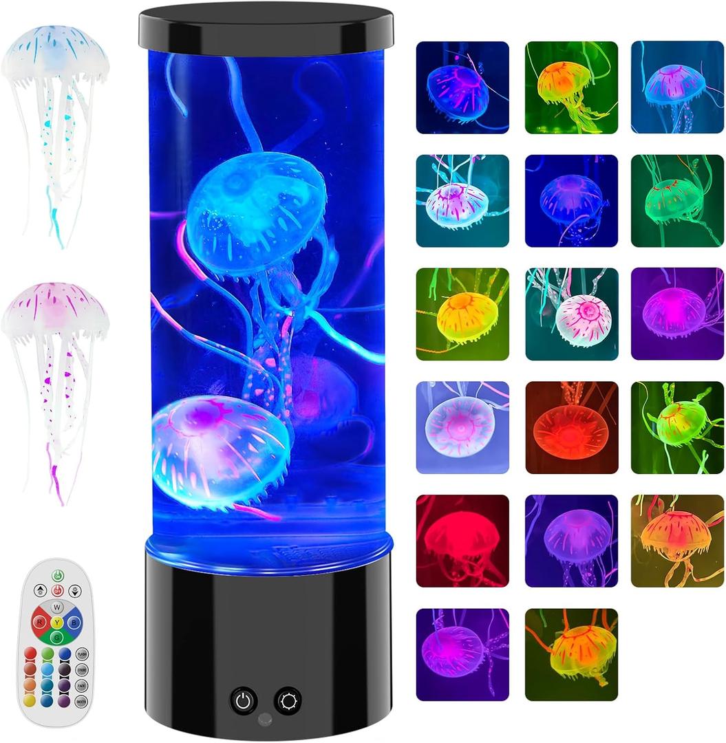 Jellyfish Aquarium Lamps Large Floating Jelly Fish Light Lamp Tank 17 Colors Changing LED Mood Night Light with Remote for Kids Adults Relax Sensory Table Lamp for Bedroom Home Decor, Black