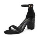 Elisabet Tang Women's Chunky Block Heels Round Open Toe Ankle Strap 3.14 Inch Heeled Sandals, Party Prom Wedding Dress Shoes, Black Rhinestone US 10