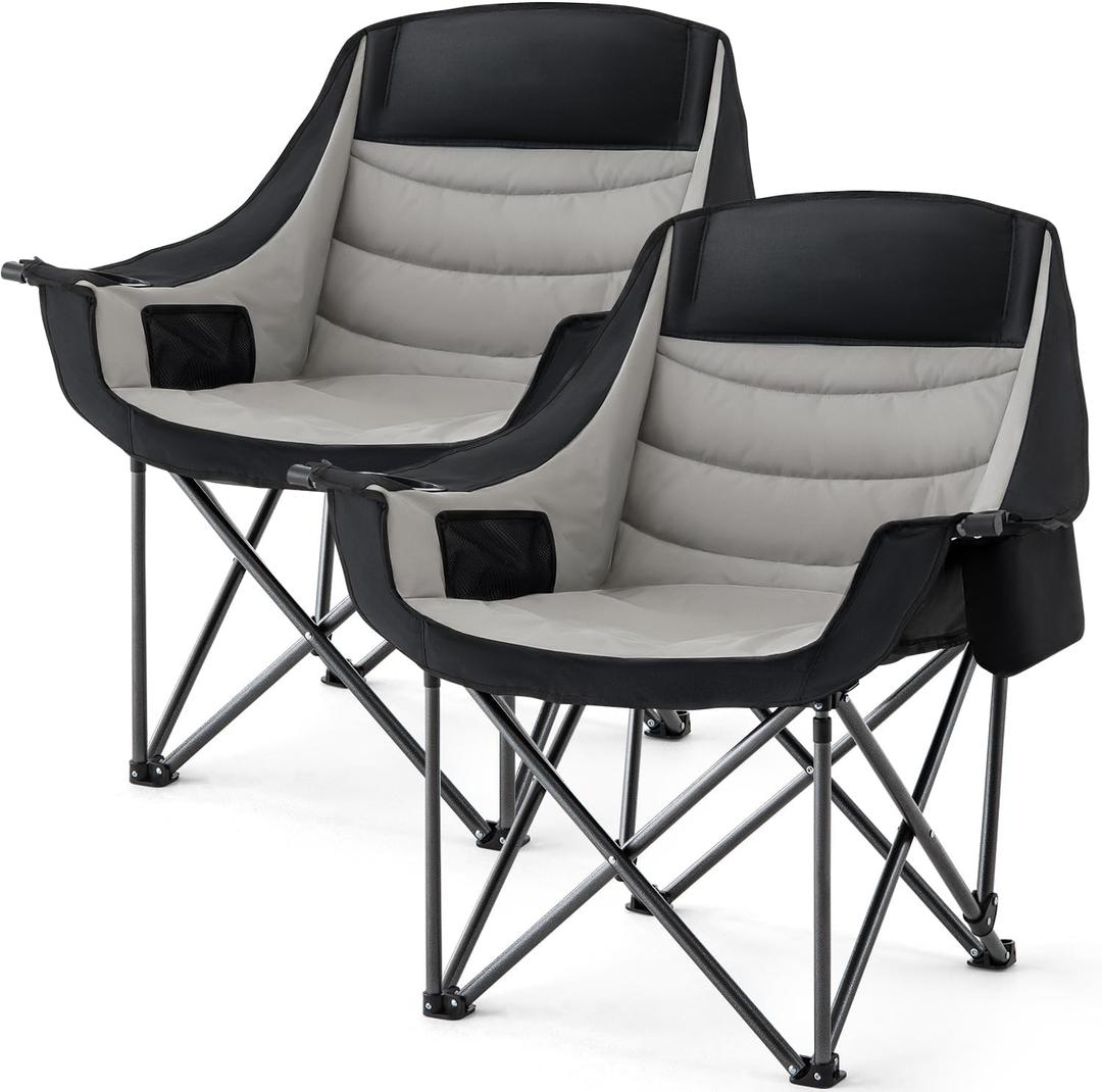 Padded Camping Chair for Adults 2 Pack Heavy Duty Oversized Portable Folding Camp Chair with Cup Holder Cooler Pockets 500lbs Support for Outdoor Beach Fishing Garden (Black & Light Gray)