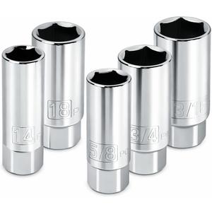 Powerbuilt 3/8-Inch Drive Spark Plug Socket Set, 6 Point, Deep Thin Wall, 5 Piece Metric and SAE - 640855, Grey
