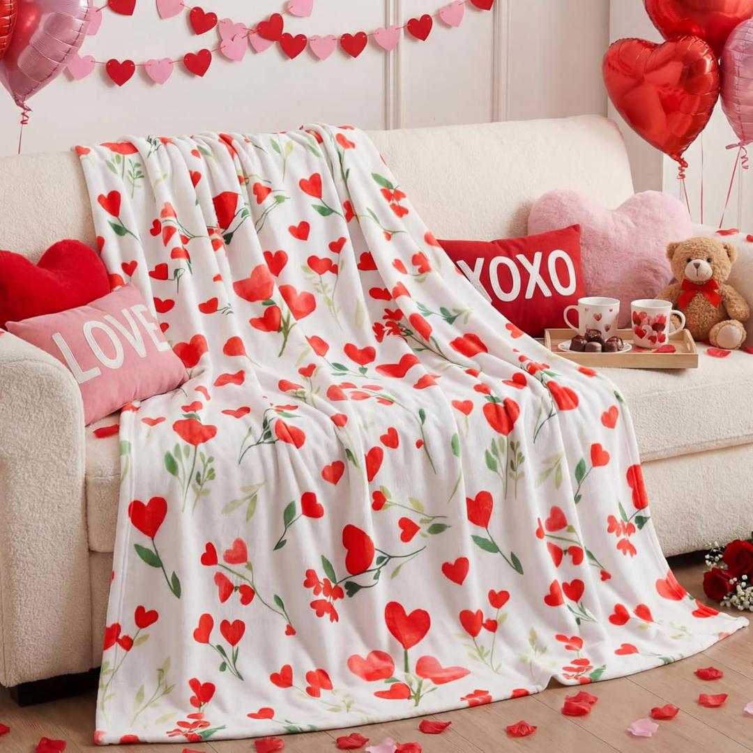 Valentine's Day Heart Flowers Throw Blanket 50"x60" Soft Warm Plush Flannel Decorative Blanket for Living Room Couch Bedroom Bed, Romantic Gift for Mom Wife Girlfriend