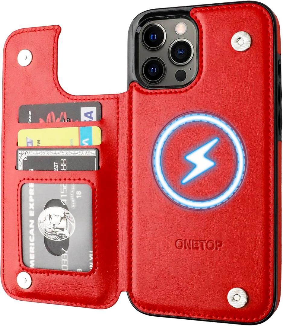 ONETOP Compatible with Magsafe for iPhone 12 Pro Max Wallet Case with Card Holder, PU Leather Kickstand RFID Blocking Case, Double Magnetic Clasp and Durable Shockproof Cover 6.7 Inch (Red)