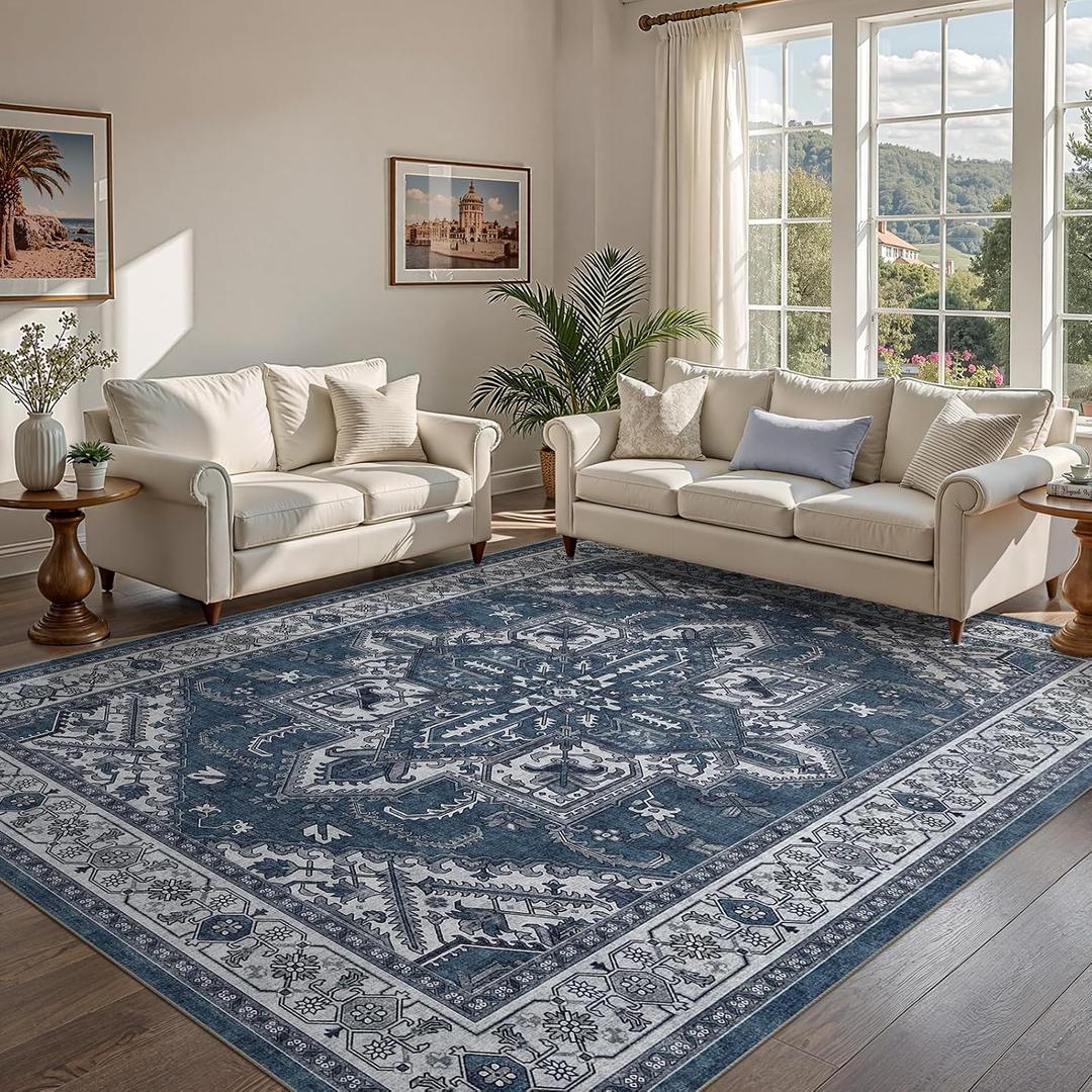 WITSHOCK Living Room Area Rugs 10x12: Washable Rug Boho Soft Non-Slip Low Pile Stain Resistant Foldable Carpet for Bedroom Playroom Dining Room Office Kitchen Farmhouse Home Decor Rug-Blue