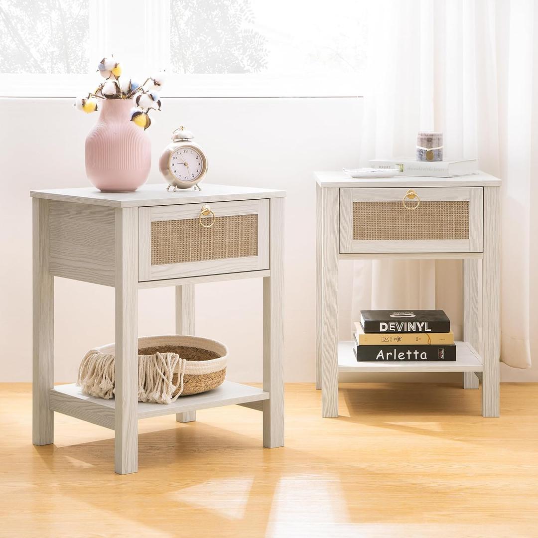 SICOTAS White Nightstand Set of 2,Rattan Decor Drawer with Brass Knobs Night Stand Bedside Table Boho End Tables Side Tables with Storage Shelf for Bedroom,Small Space