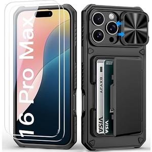 BXYJY for iPhone 16 Pro Max Case Wallet with Screen Protector (Tempered Glass), Card Holder (45 Cards), Slide Camera Cover, Military Grade Drop, Heavy Duty Men Women Case for iPhone 16 Pro Max, Black